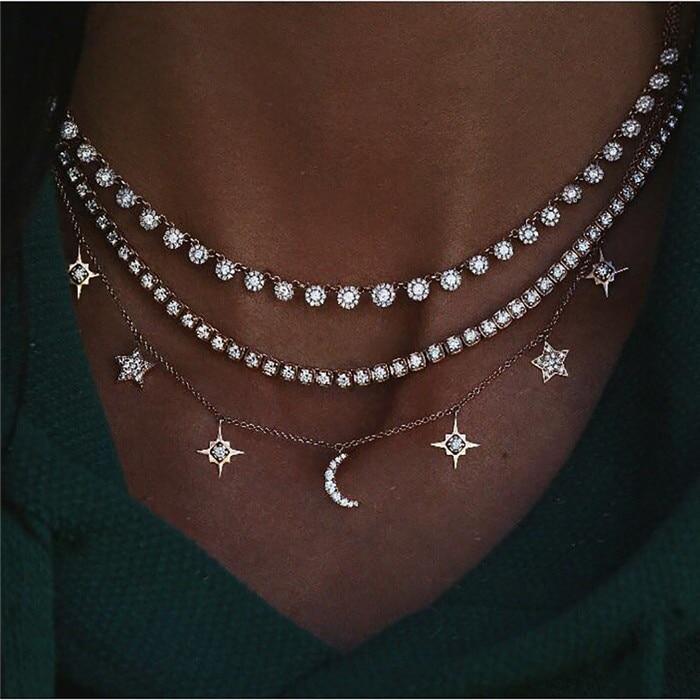 Luxury Modern Moon and Star Arabic Crystal Choker Multilayer Chain Necklaces For Women Luxury Jewelry Vintage Cool Style For Ladies