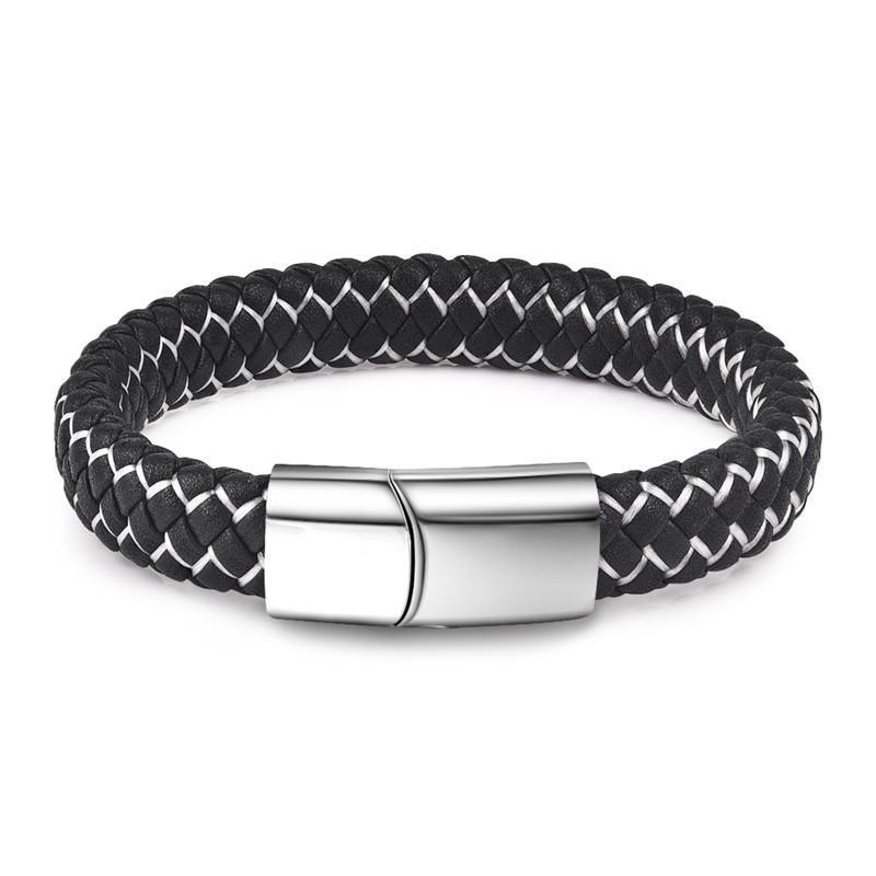 Handmade Luxury Modern Leather Black Blue Braided Leather Bracelet for Men Stainless Steel Design