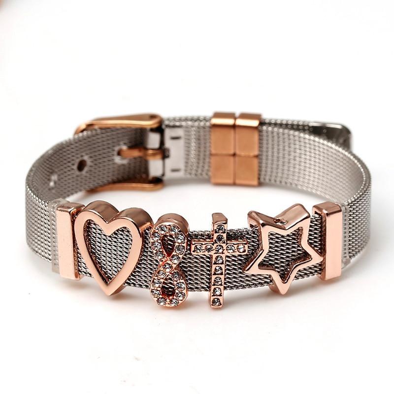 Two-tone Stainless Steel  Bracelets For Women Men Golden Love Heart Beaded  Ribbon  Bracelet & Bangle Gifts