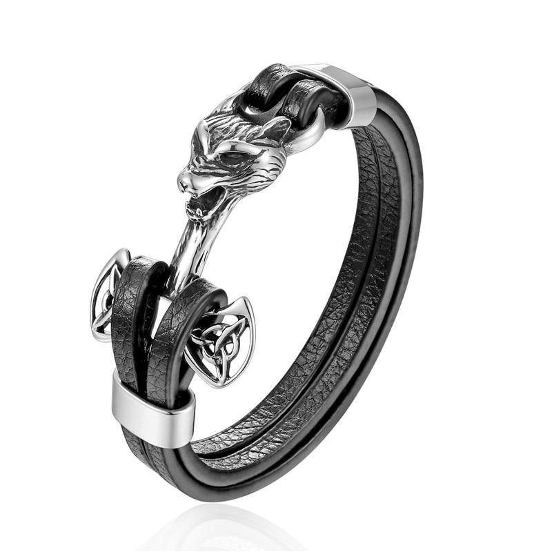 Genuine Leather Anchor Bracelet Men Lion Double Wolf Shackles Stainless Steel Charm Bracelets Wristband Fashion Jewelry