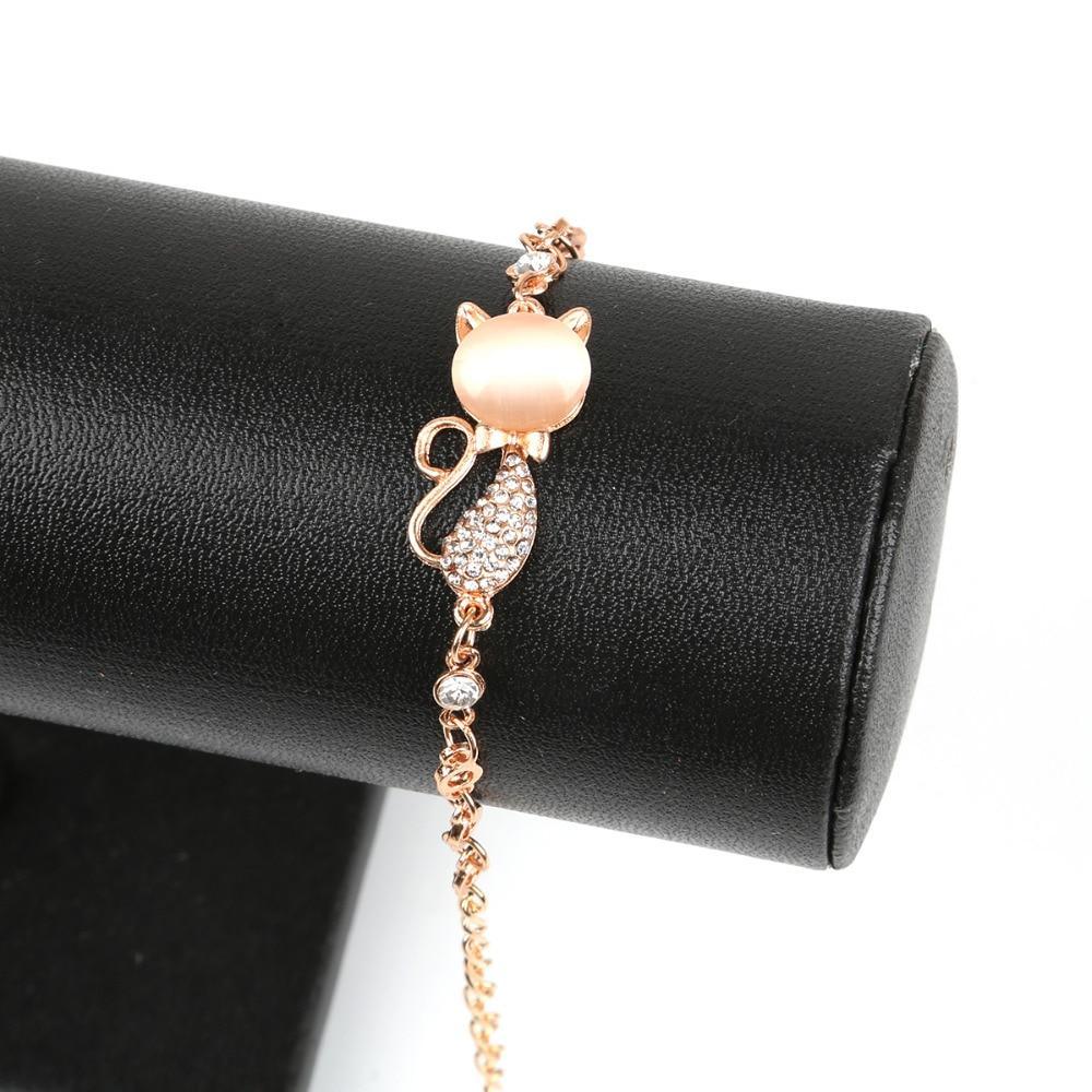 New Rose Gold Alloy Elegant Lovely Cat Bracelets Luxury For Women Femme Children Girl Gift Jewelry Charms Crystal Opals Rhinestone Bangle Chain