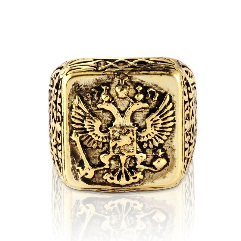 Fashion Men's Signet Ring WIth Russian Empire Double Eagle  Gravure Rings For Men In  Gold Arms Tradicional Russian Big Ring Style