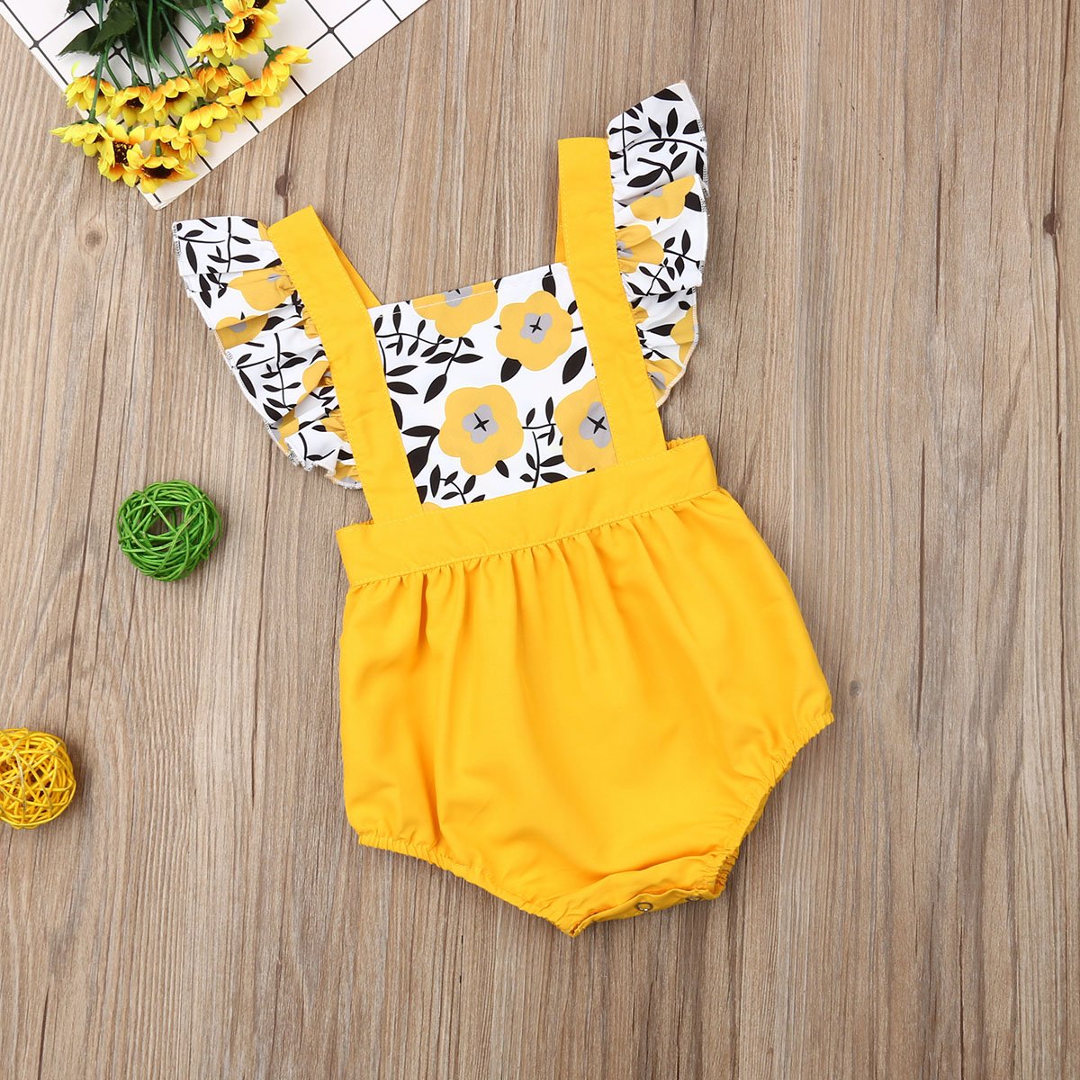 Summer Newborn Baby Girl Clothes Fly Sleeve Sunflower Print Romper Jumpsuit One-Piece Outfit  For Girls