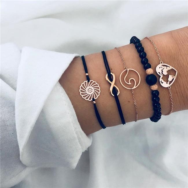 Bohemian Black Beads Chain Bracelets Bangles For Women Fashion Heart Compass Gold Color  Bracelets Sets Luxury Jewelry Gifts