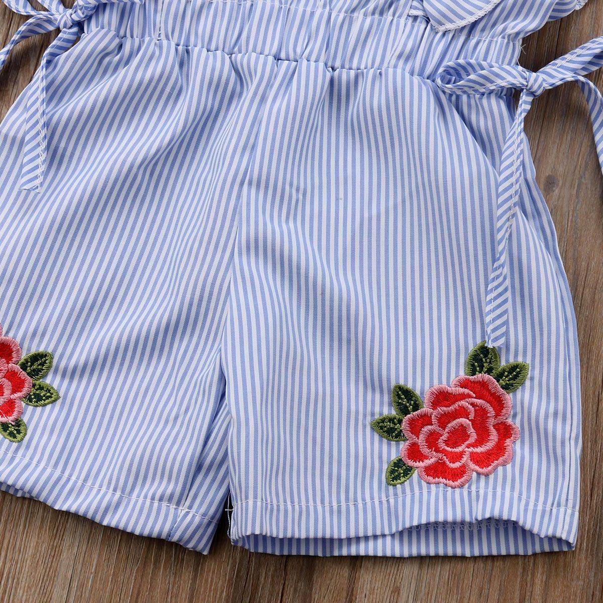 Summer Toddler Baby Girl Romper/ jumpsuit Short Petal Sleeve Elastic Waist Floral Print Striped Blue Lace Dress