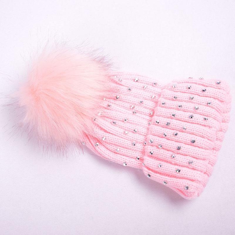 Luxury Baby Kids Pompom Newborn Baby Hat Cap Knitted Warm Hats With Rhinestone for Baby Girl/Boy Beanie Soft Toddler Hat