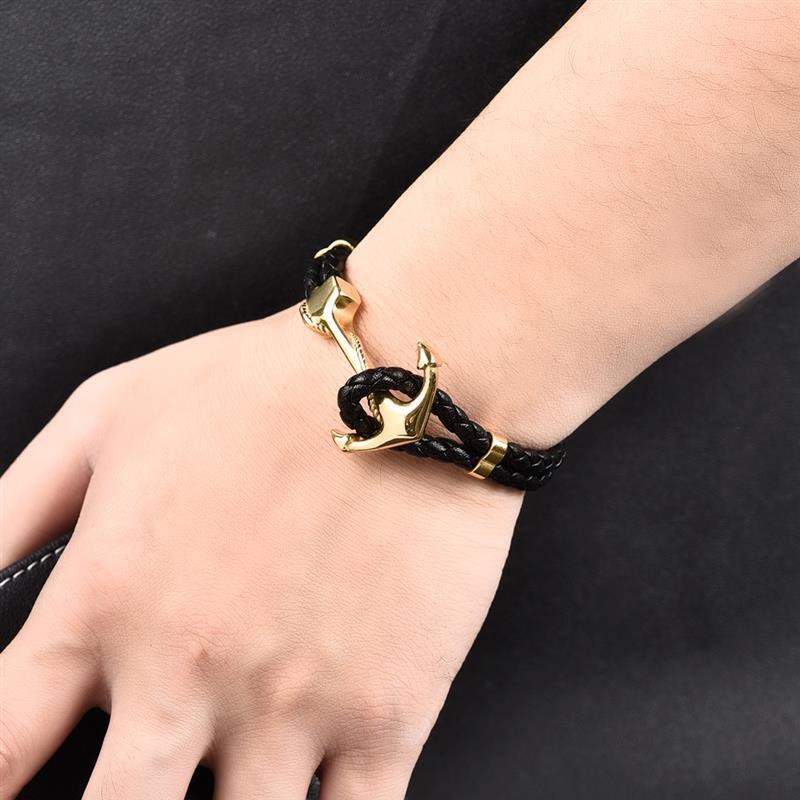 Modern Punk Gold Silver Color Anchor Elegant Clasp Black Braid Genuine Leather Luxury Bracelet Men Jewelry Stainless Steel Bangle