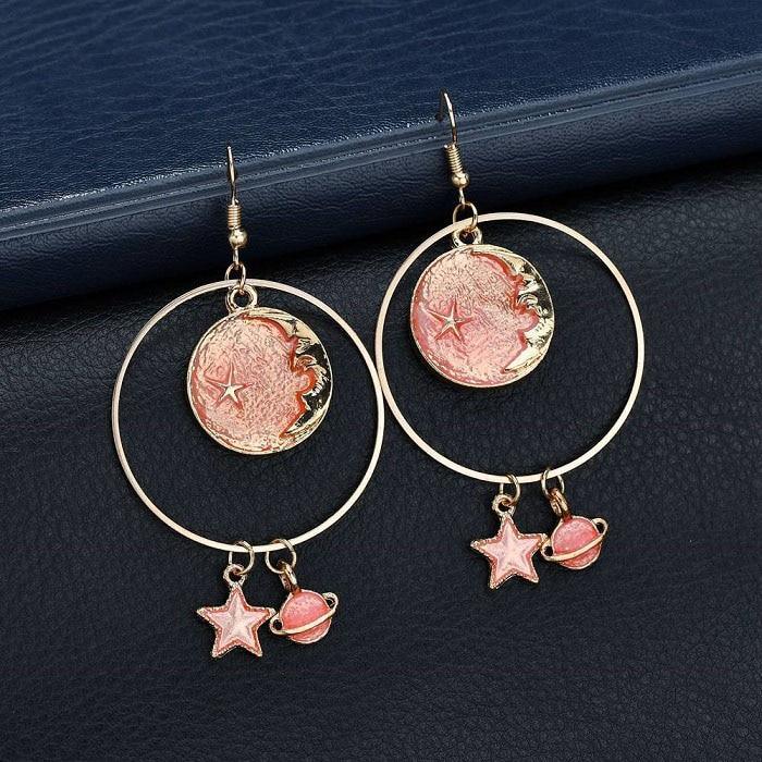 New Modern Fashion Blue Space Universe Elegant Moon Star Luxury Earrings For Women Perfect Gold Color Universe Planet Circle Asymmetry Trendy Long Earrings