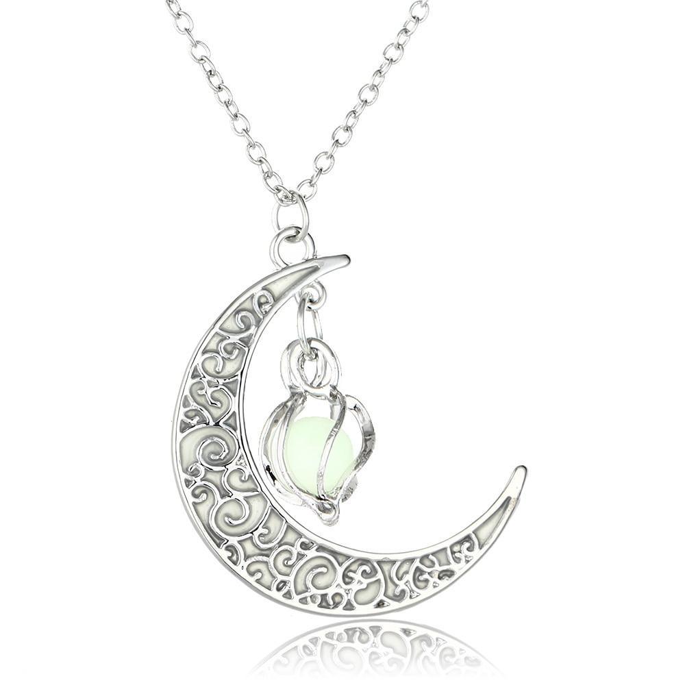 Modern Amazing Moon Glowing Necklace Gem Charm Elegant Jewelry Silver Plated Women Halloween Pendant Hollow Luminous Stone Pendant Perfect Necklace Gifts