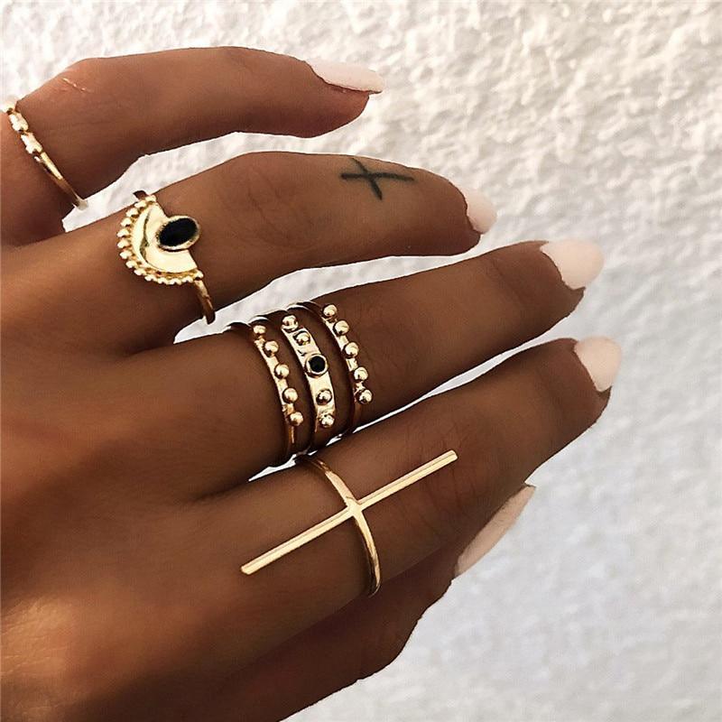 NEW 2020 Tren Bohemian Vintage Gold Crescent Geometric Ring Set for Women In Crystal Personality Design Ring Set Party Jewelry Gift