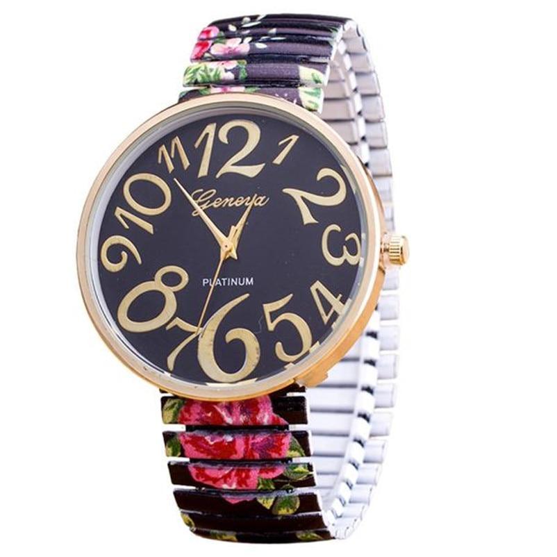 Watch Beautiful Flowers Print Design Luxury Women Elasticity Shrink Bracelet Quartz Wrist Watch For Women Ladies and Girls