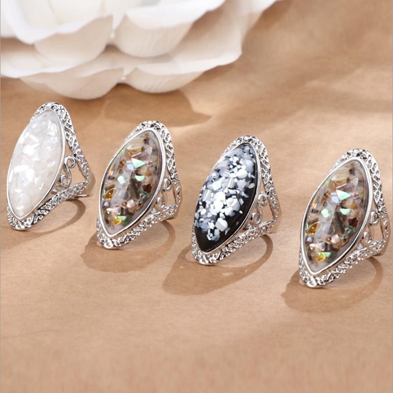 Fashion Vintage Antique Colorful Big Oval Shell Finger Ring For Women Female Jewelry