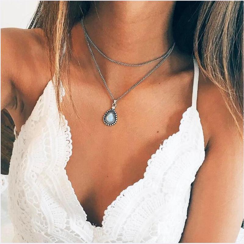 Hot Brand New Multilayer Stone Amazing Water Drop Necklace Cool Vintage Silver Color Elegant Link Chain Luxury Bohemia Necklaces And Pendants For Women