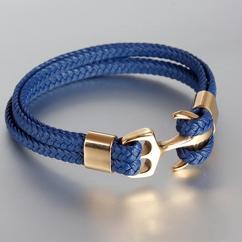 Modern Trend Leather Elegant Bracelet For Men Jewelry Blue Luxury Leather Gold Stainless Steel Anchor Braided Rope Amazing Nautical Style Friendship Bracelet Gift