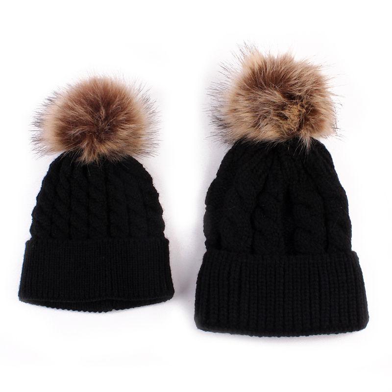 2Pcs Modern Mother & Baby Child Warm Winter Beanie Fur Pom Hat Crochet Ski Cap For Winter