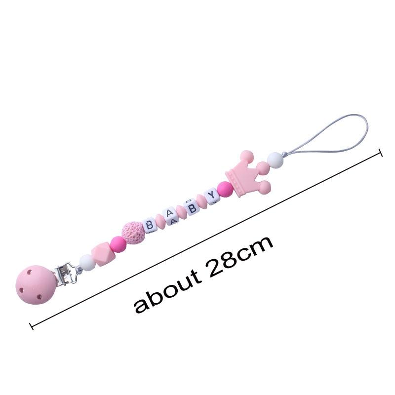 Pink Silicone Personalised Name Baby Pacifier Clips Crochet Beads Silicone Crown Pacifier Chain Holder For Kids and Baby Pacifier