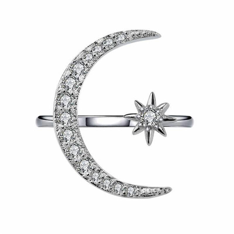 New Fashion Crytal Ring Moon & Star Dazzling Open Finger Rings for Women Girls Wedding Engagement Jewelry Gift