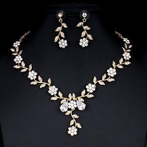 Classic Bridal Jewellery Sets for Women's Dresses Accessories Cubic Flower Necklace Earrings Set Gold Color