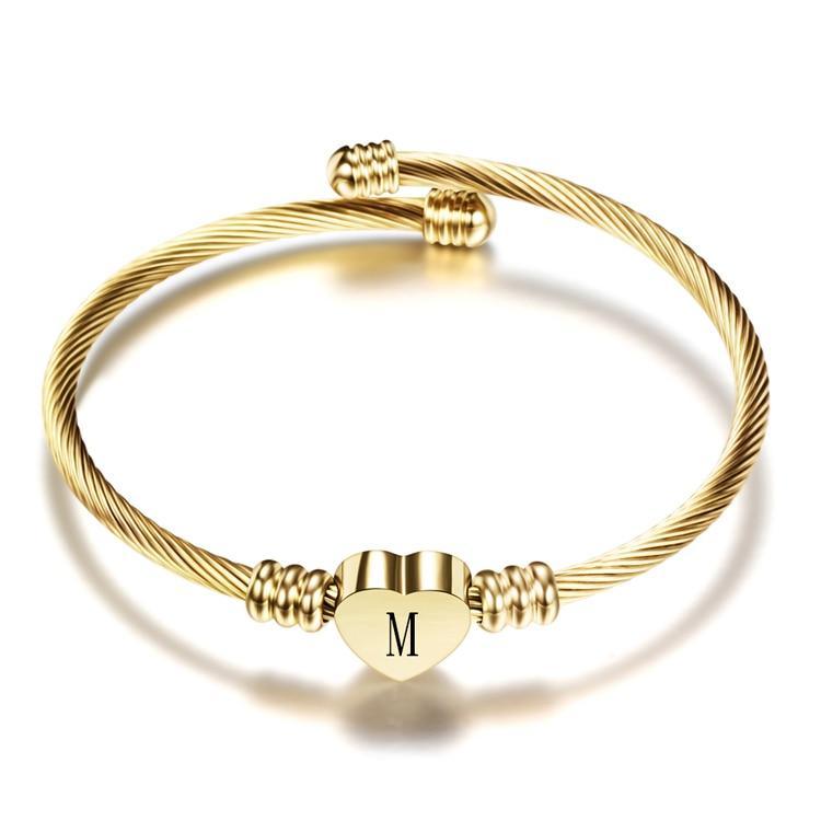 New Fashion Elegant Girls Gold Color Luxury Stainless Steel Heart Bracelet Bangle With Letter Fashion For Woman