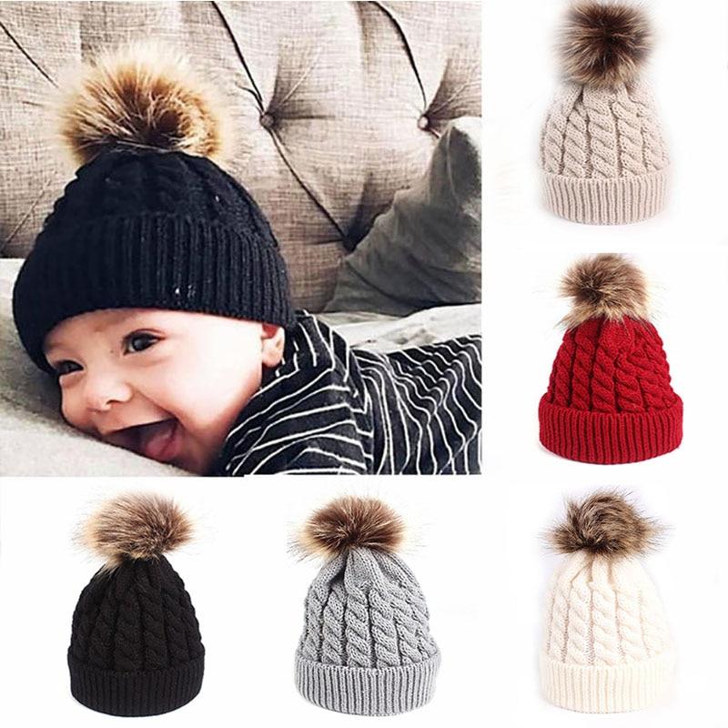 Winter Warm Baby Hat Fur Pompom Knitted Baby Hat Cap Infant Toddler Kids Hat Beanie In Modern Designer Style