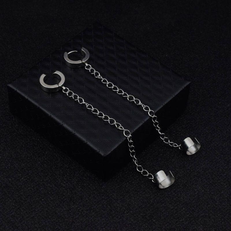 New Modern Korean Fashion Hip Hop Chain Earrings Luxury Titanium Steel Chain Threader Drop Cuff Double Chain Elegant Unisex Jewelry