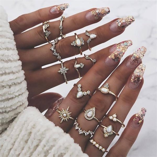 Trend Boho Vintage Gold Star Moon Rings Set For Women In Opal Crystal Ring Design Female Bohemian Jewelry  Style