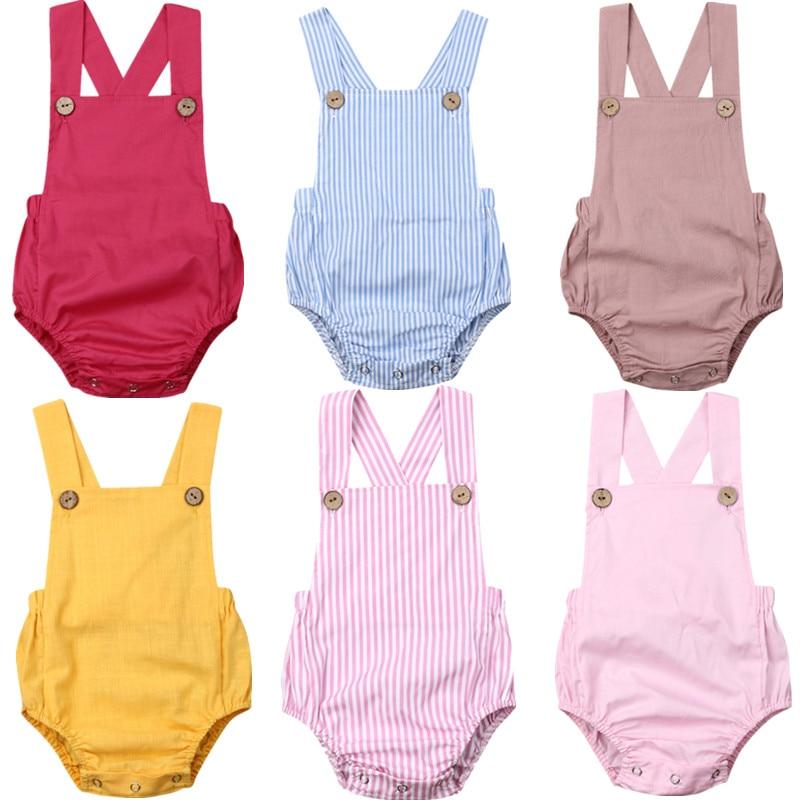 Newborn Infant Baby Boy/Girl Bodysuit Summer Button Jumpsuit Striped Casual Sleeveless Backless Solid Outfits Clothes for Girls