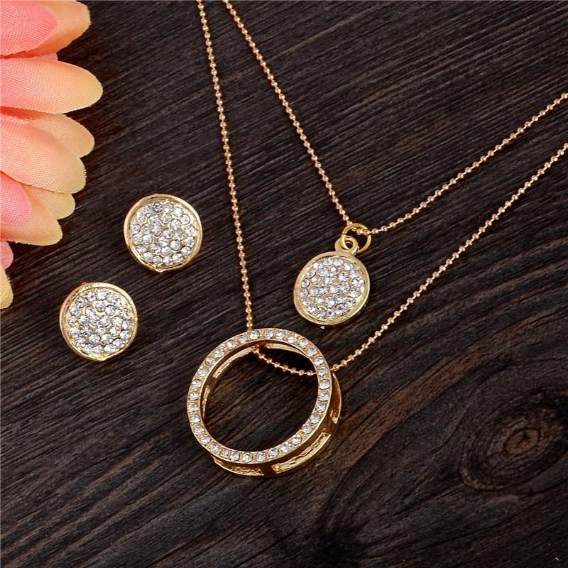 Gold Color Austrian Crystal Classic Hollow Round 48cm necklace pendant earrings jewelry set