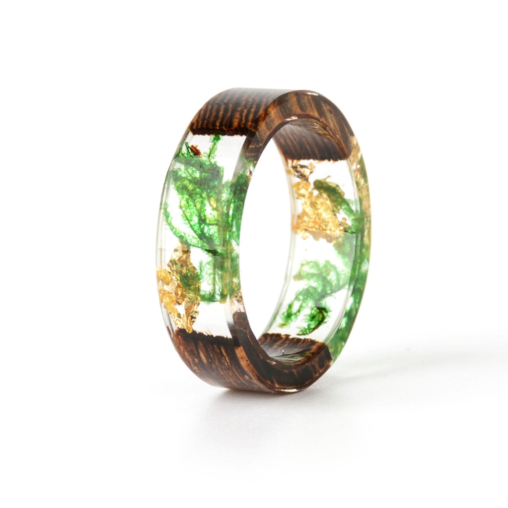 Handmade Wood Resin Ring Dried Flowers Plants Inside Jewelry Resin Ring Transparent Anniversary Ring for Women and Men In Modern Style