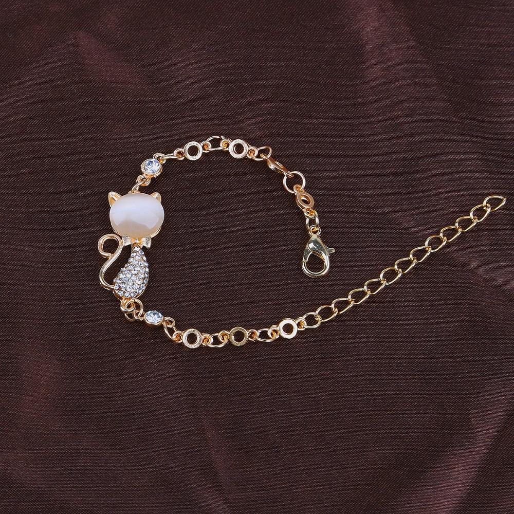 New Rose Gold Alloy Elegant Lovely Cat Bracelets Luxury For Women Femme Children Girl Gift Jewelry Charms Crystal Opals Rhinestone Bangle Chain