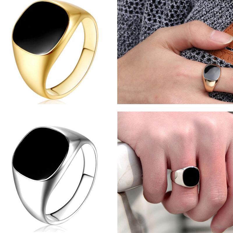 Men Vintage Enamel Rings In Punk Classic Black Drip Imitation Black Stones Male Enamel Ring Design