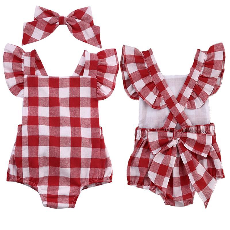 Modern New Newborn Kids Baby Girls Plaid Ruflles Romper Jumpsuit Clothes Outfit Set For Girls