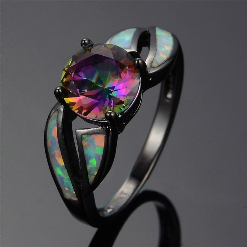 Charming  Fire Opal Ring Colorful Sappjire Women Rainbow Jewelry Black Gold Filled Engagement Rings In Modern Elegant Design