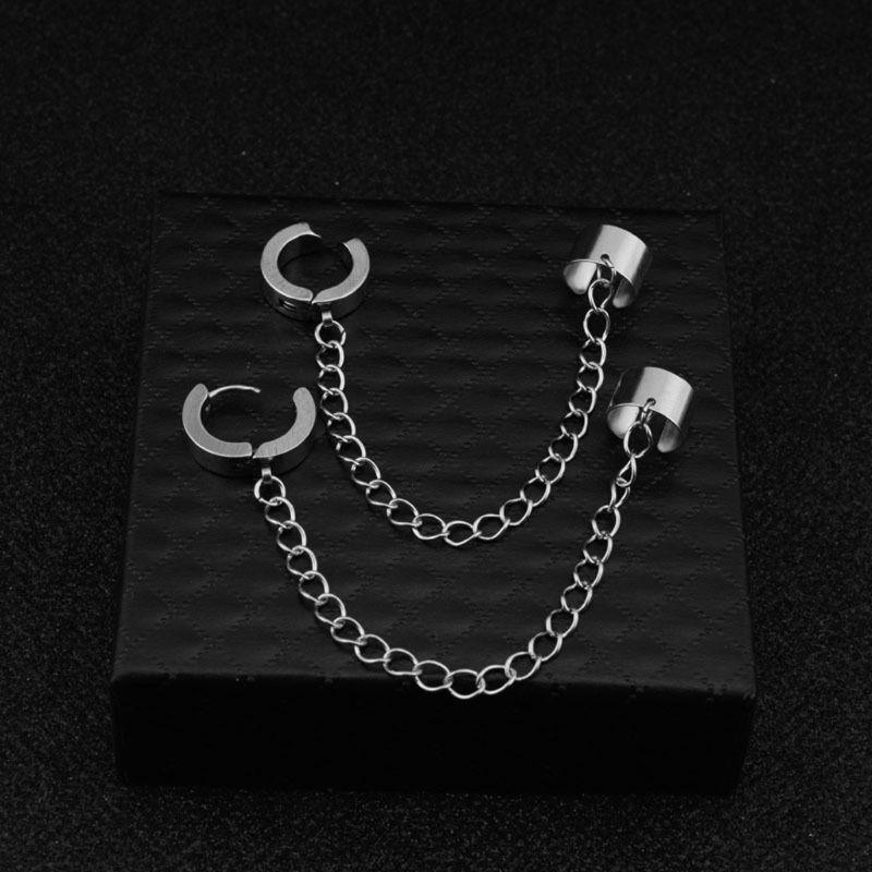 New Modern Korean Fashion Hip Hop Chain Earrings Luxury Titanium Steel Chain Threader Drop Cuff Double Chain Elegant Unisex Jewelry