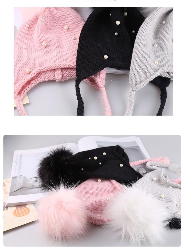 Beautiful Newborn Cute Pearl Winter Warm Knit Pompom Hats Infant Kids Soft Hat For Baby Boy And Girls