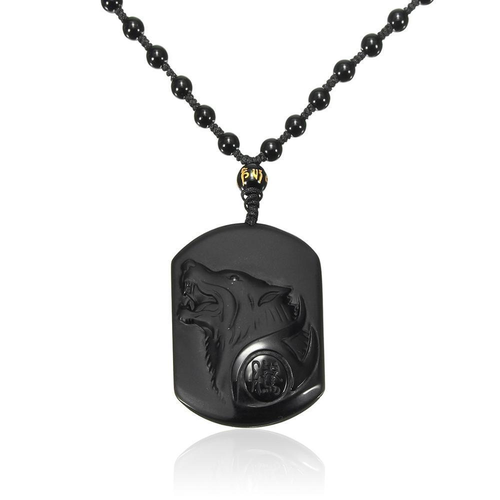 Natural Black Obsidian Carving Wolf Head Amulet Pendant Free Necklace Obsidian Blessing Lucky Pendants Fashion Jewelry