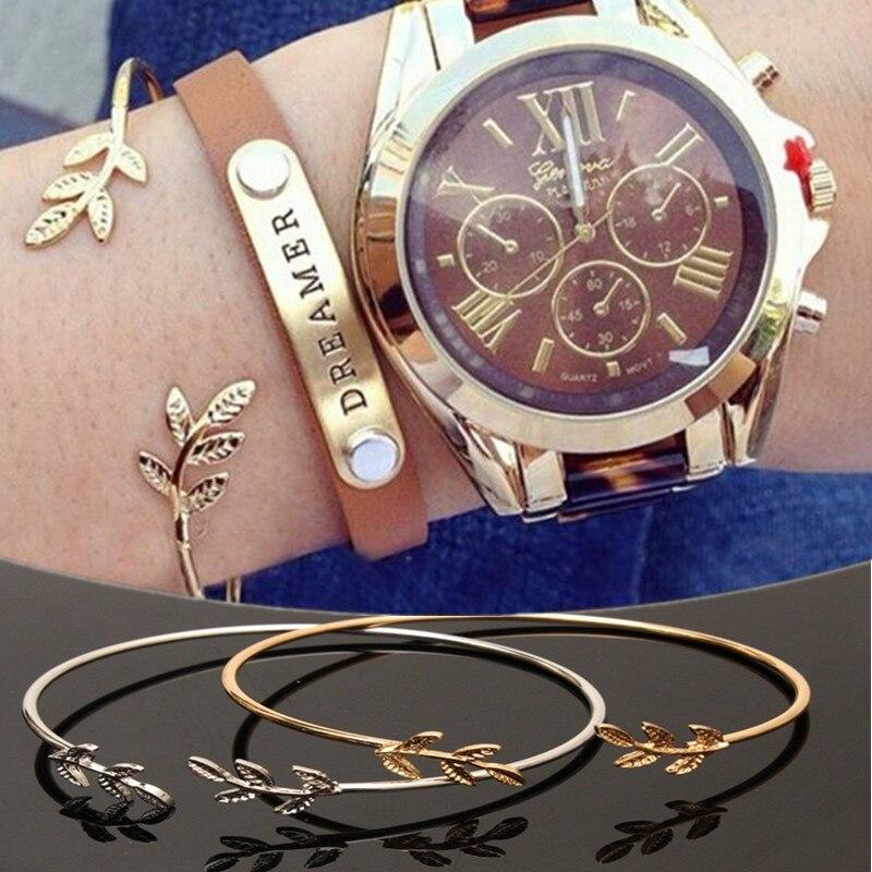 Elegant Silver Gold Leaf Fashion Simple Gold Silver Plated Cuff Bracelets For WomenIn Modern Jewelry style