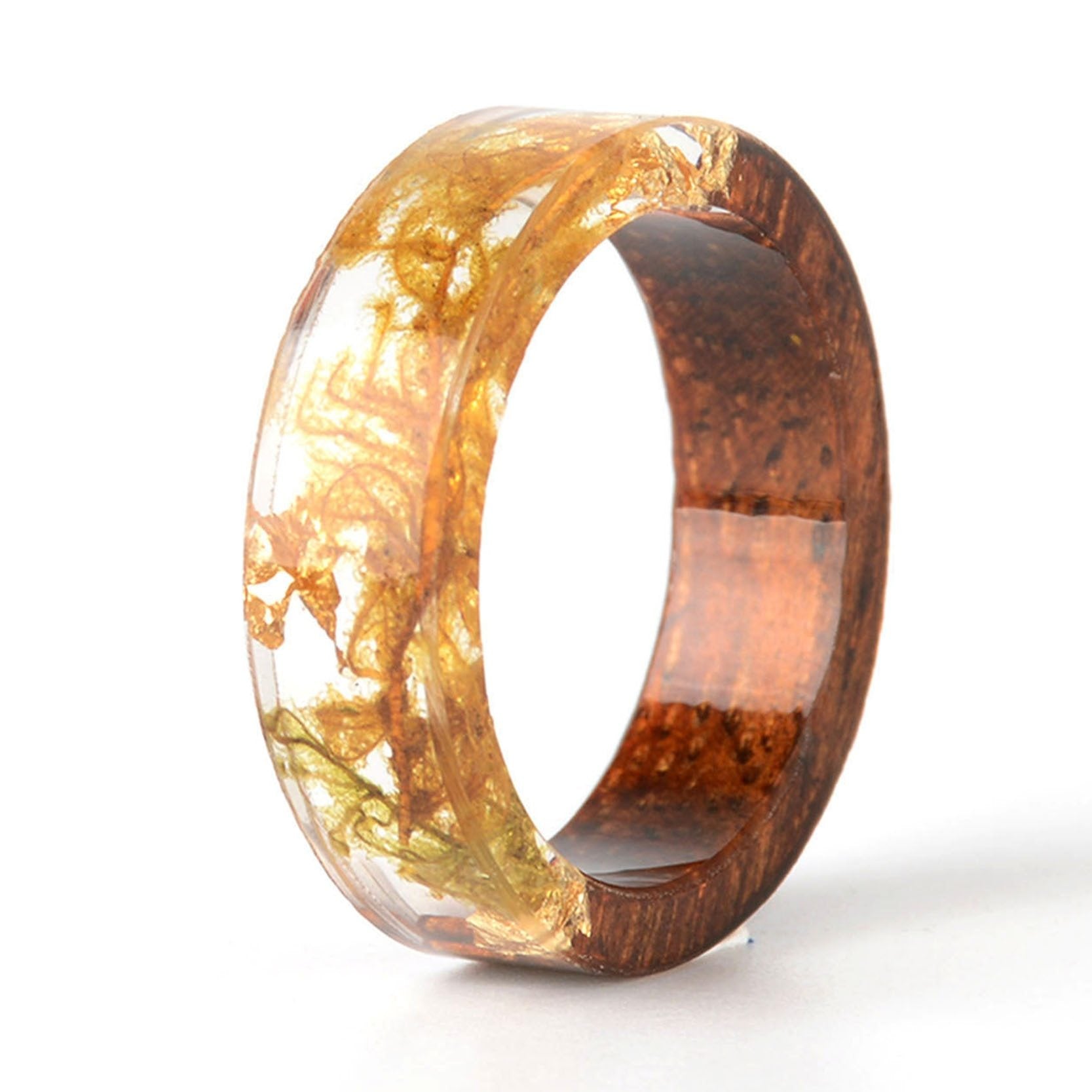 Handmade Elegant Romantic Dried Colorful Real Flower Wood Resin Epoxy Ring Gold Foil Inside Ring for Women