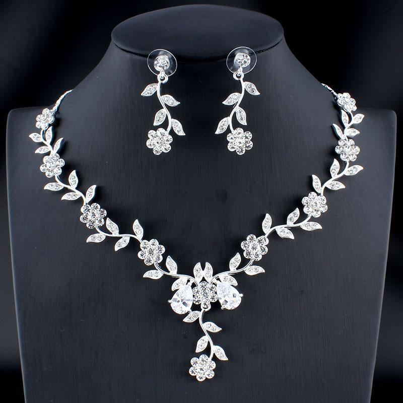 Classic Bridal Jewellery Sets for Women's Dresses Accessories Cubic Flower Necklace Earrings Set Gold Color