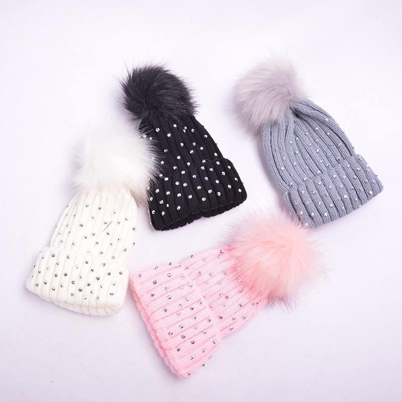 Luxury Baby Kids Pompom Newborn Baby Hat Cap Knitted Warm Hats With Rhinestone for Baby Girl/Boy Beanie Soft Toddler Hat