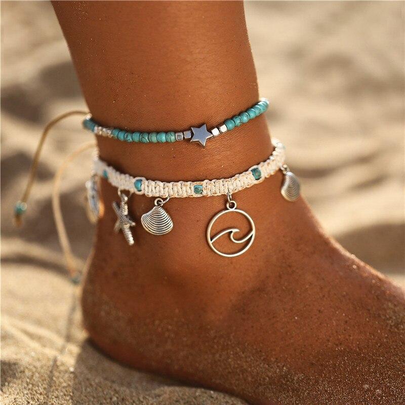 Bohemian Starfish Stone Anklets Set For Women Handmade Wave Anklet Bracelet on Leg Jewelry