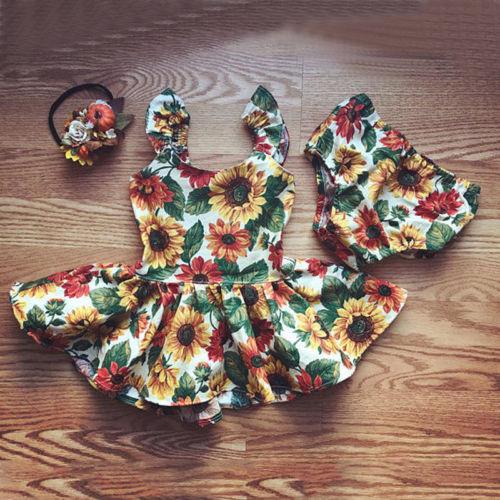 Newborn Baby Girls Outfits with Sunflower Top Dress Bottoms Bow Back Dress For Baby Girls