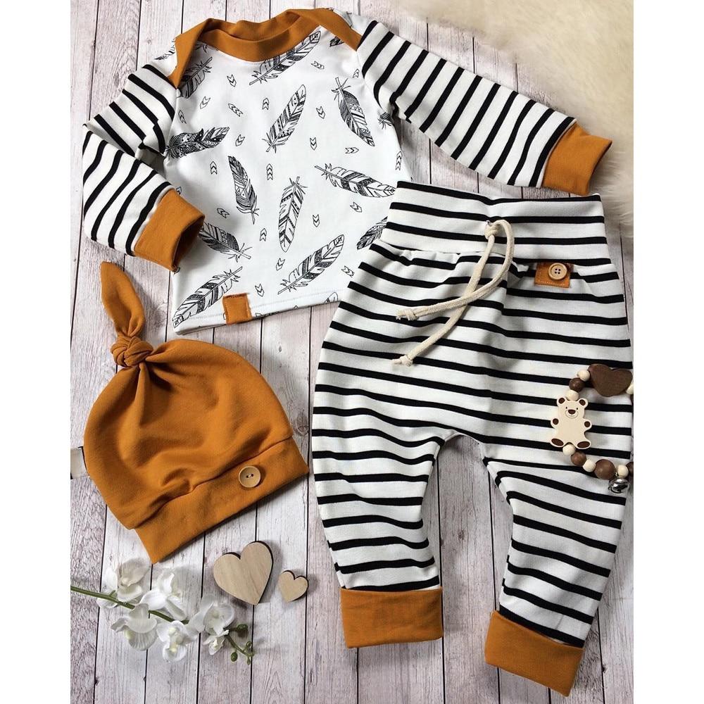 Modern Babz Pajamas Winter Baby Boy / Girl Clothing Feather T shirt Tops Striped Pants Outfit For Kids