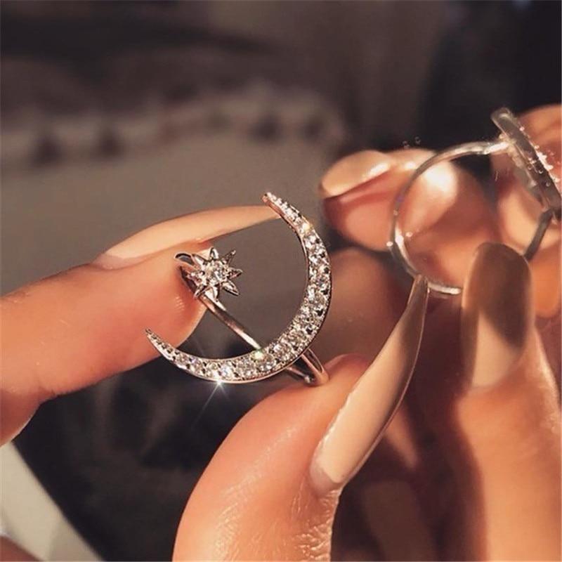 New Fashion Crytal Ring Moon & Star Dazzling Open Finger Rings for Women Girls Wedding Engagement Jewelry Gift