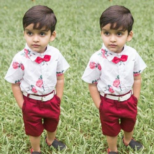 Floral Boy Gentleman Outfits Suit Short Sleeve Toddler Bow Tie Shirt Tops +Red Shorts Summer Set For Boy Kids Form 1-5 Years