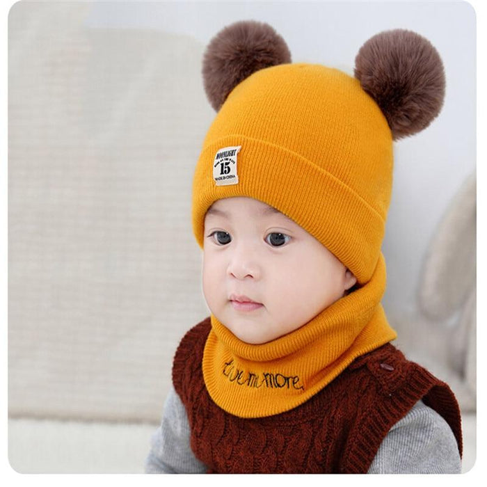 2 Pieces Baby Beanies Cap and Scarf Set Baby Kid Solid Color Plush Ball Baby Girls Hat And Scarf Set For Boys and Girls Kids In Modern Design