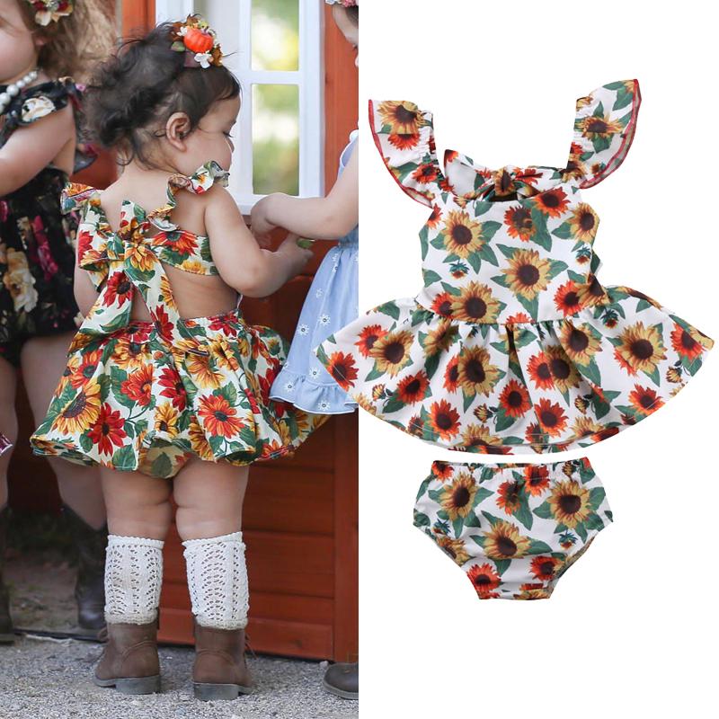 Newborn Baby Girls Outfits with Sunflower Top Dress Bottoms Bow Back Dress For Baby Girls