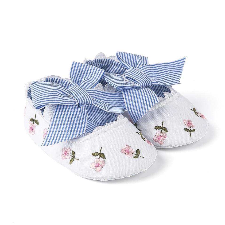 Baby Girl Newborn Shoes Floral Embroidery Striped Bowknot First Walker Soft Soles Anti-Slip Princess Shoes