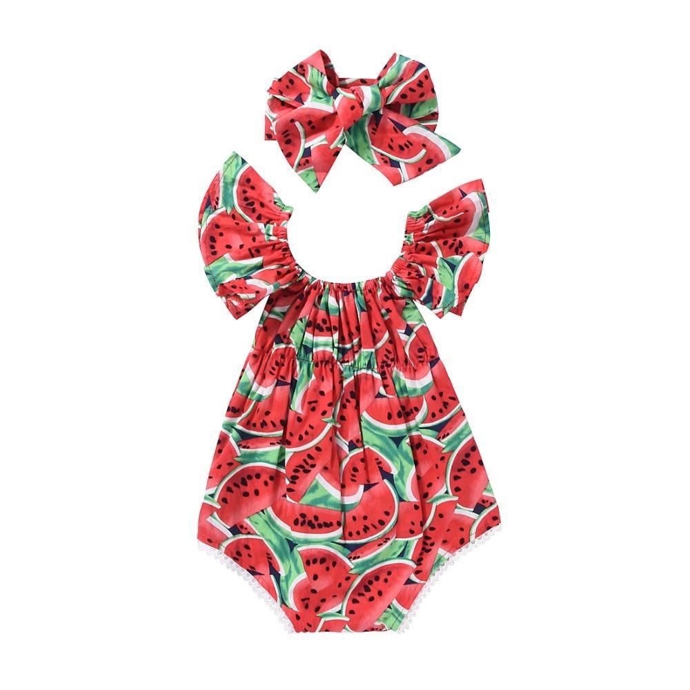 Newborn Baby Girls Watermelon Printed Sleeveless Bodysuit Sunset Jumpsuit Casual Clothes for Girls