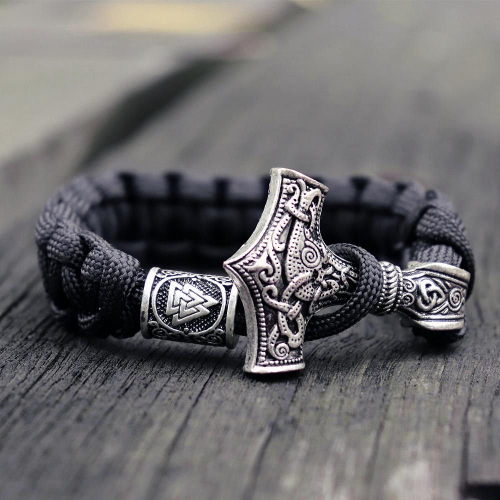 Elegant Men Legendary Viking Mjolnir Leather Luxury Bracelet Thor Hammer Wristband Norse Mythology Runes Amulet Jewelry